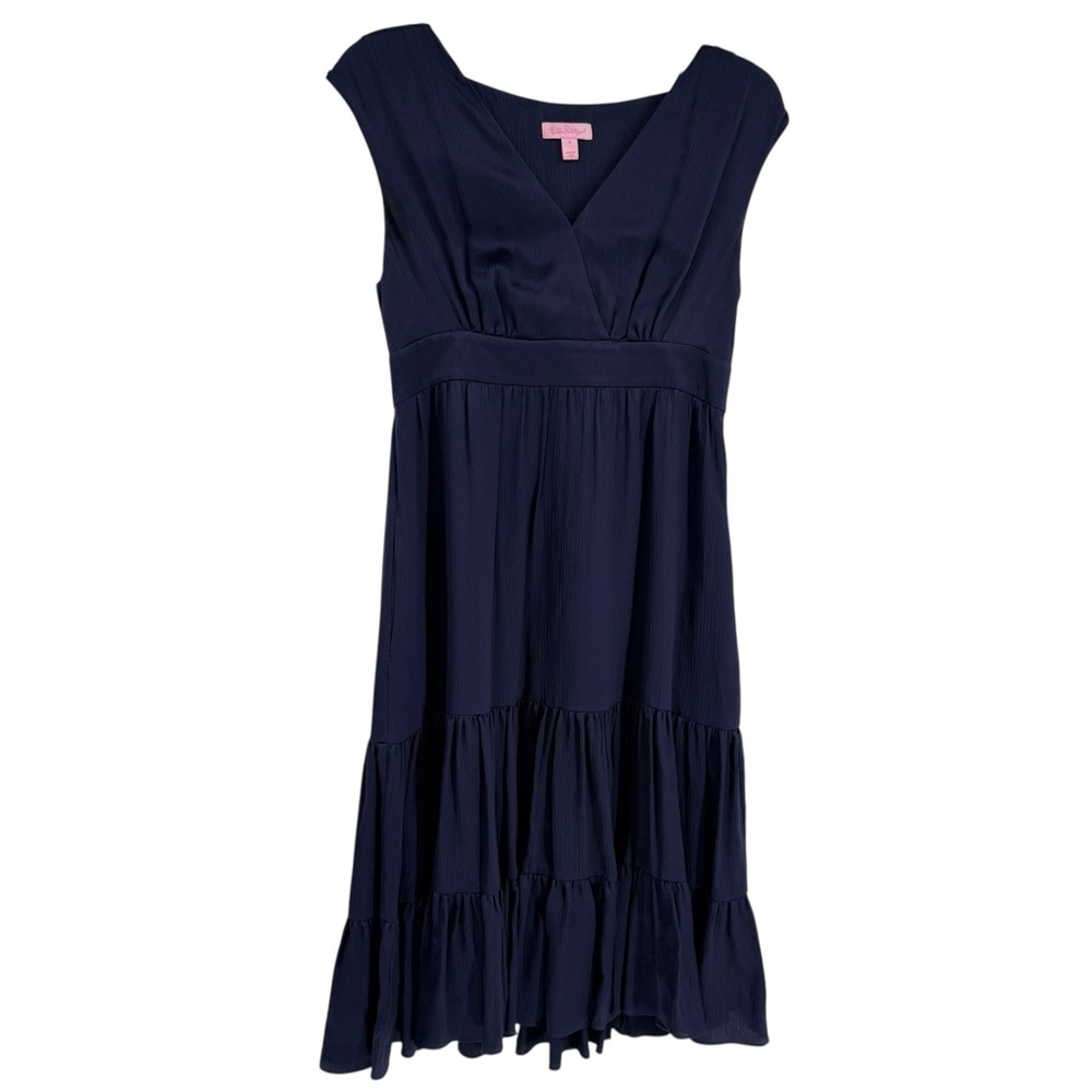 Lilly Pulitzer Women’s Silk Dress Size 4 Navy Blue Sleeveless Tiered Surplice